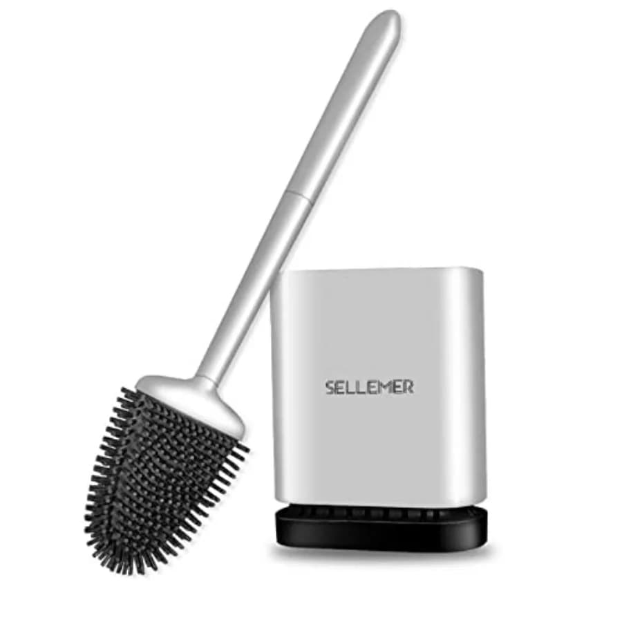 Silicone Toilet Brush, Ventilation Slots Base Holder 1 Pack Silver Flexible Bristles Flat Head for Rim, Hair Tangle-Free, Easy