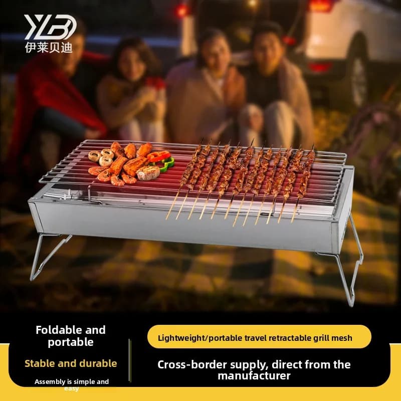 Griglia BBQ Portatile Pieghevole da Esterno con Griglia in Rete di Acciaio Inox per Spiedini e Carne, Fornello a Carbone per Campeggio, Facile Montaggio
