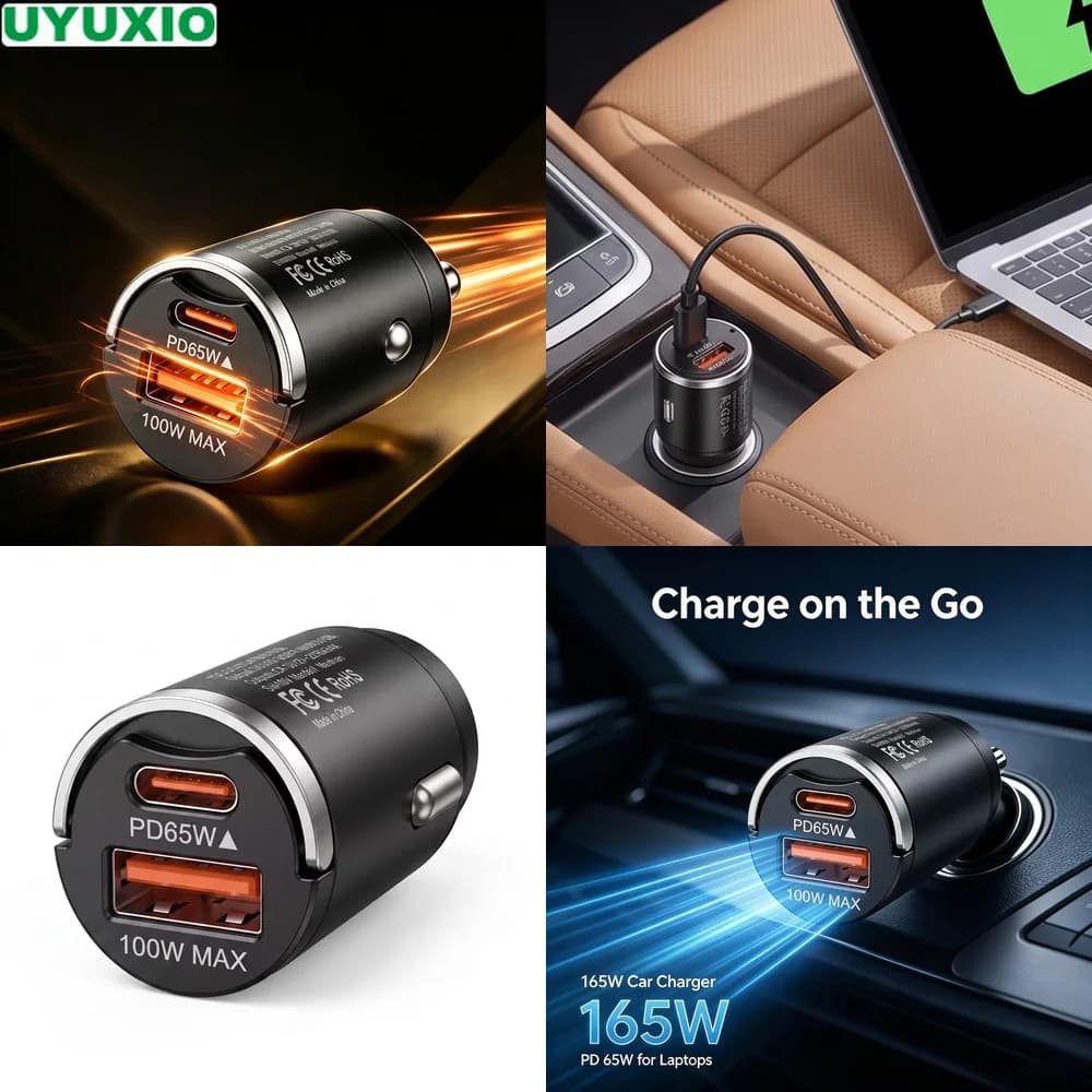 165W Two Port Car Charger Zinc Alloy Flush Fit Design 65W USB C Power Delivery and 100W USB A for Road Trips and Daily Driving
