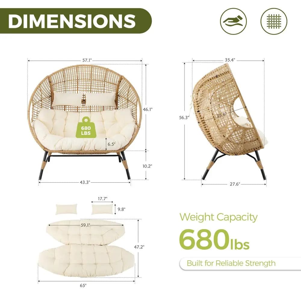 Poltrona a Uovo Doppia Oversize per 2 Persone, Divanetto Stazionario in Vimini con Cuscino e Gambe, Seduta Robusta in Rattan per Esterni e Patio