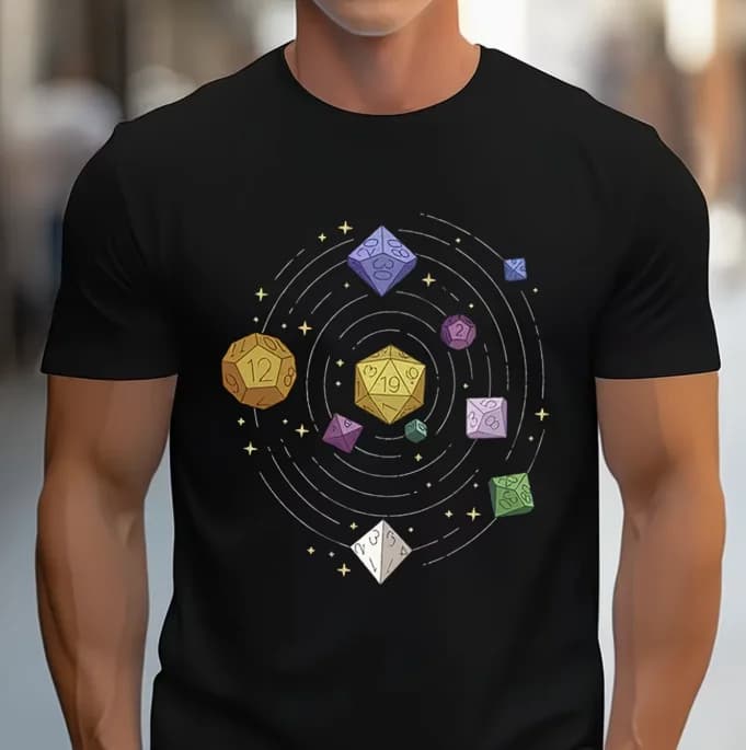 T-shirt Neutro DND Dice Solar System con stampa Dungeons and Dragons Gamer, a maniche corte, girocollo, casual, nero, per tutti i giorni