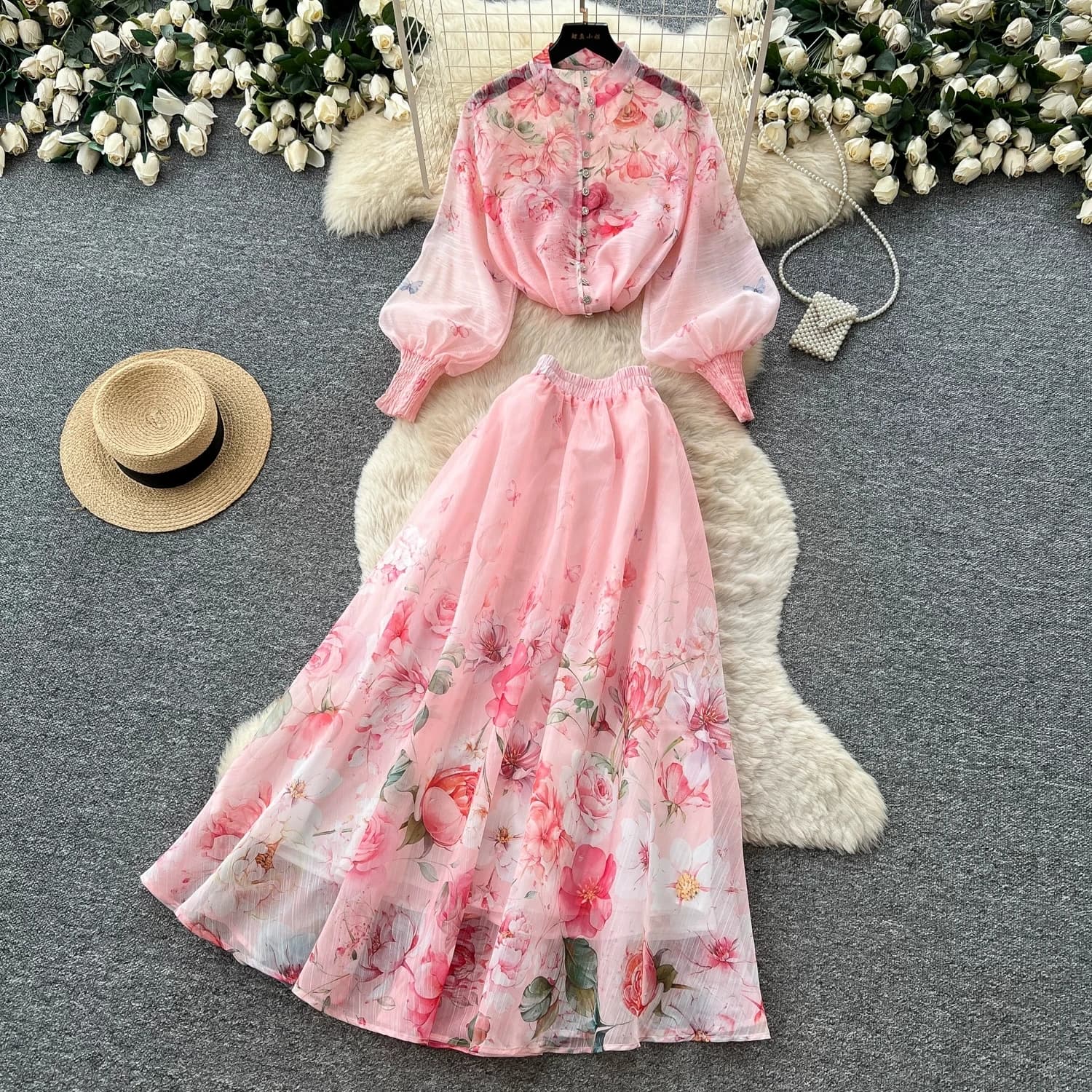 Summer Holiday Organza Gorgeous Flower 2 Piece Set Women Long Lantern Sleeve Shirt Blouse and Elastic Waist A Line Skirt Suit