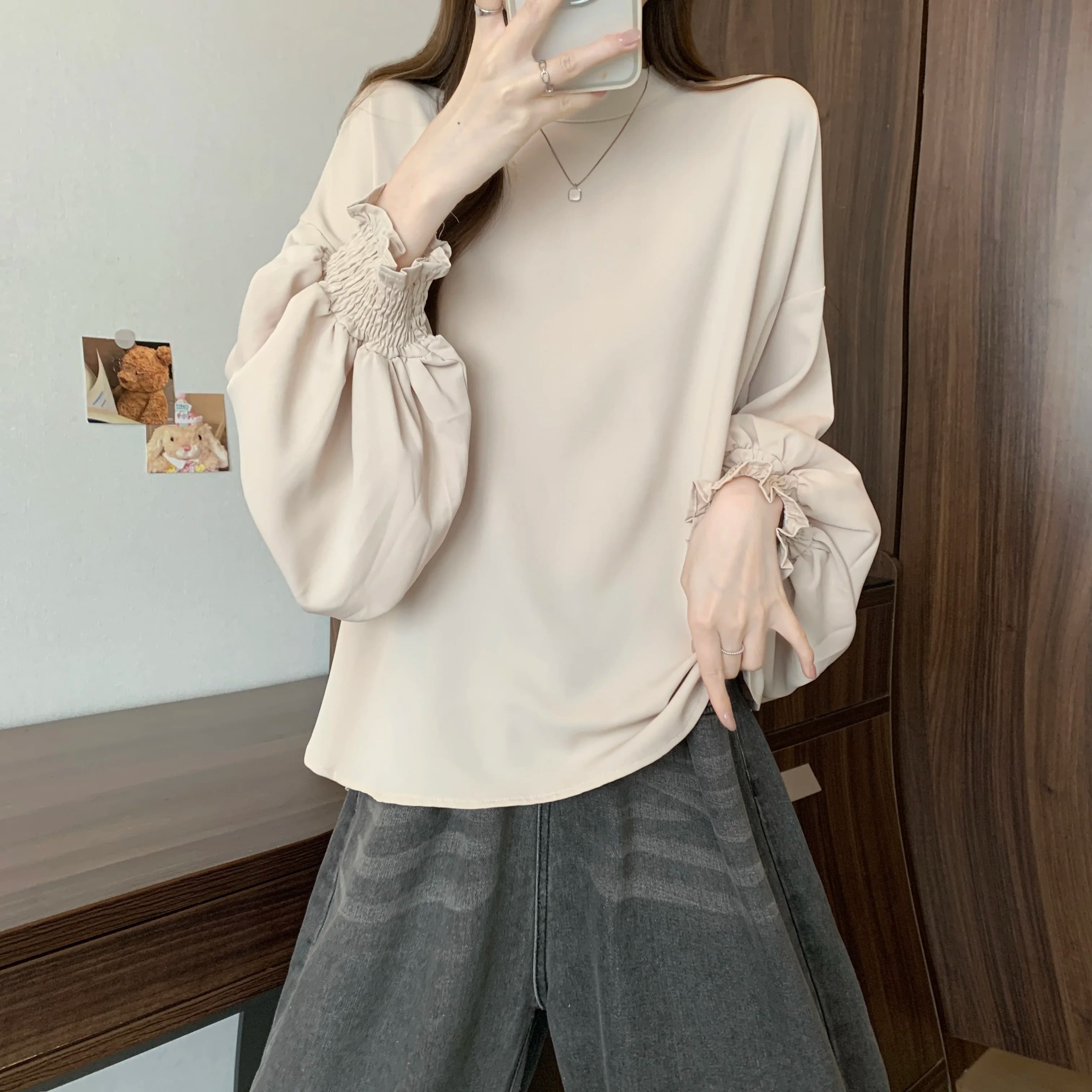 SuperAen 2026 Nuova Moda Primaverile, T-shirt a Maniche Lunghe in Stile Coreano, Oversize, Tinta Unita, Collo Tondo, Pullover