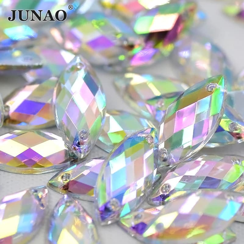 JUNAO 7*15mm 100 Pz Cucito Cristallo AB Strass Flatback Pietre Acriliche Applique Cucire Su Occhio di Cavallo Strass di Cristallo Per Il Cucito