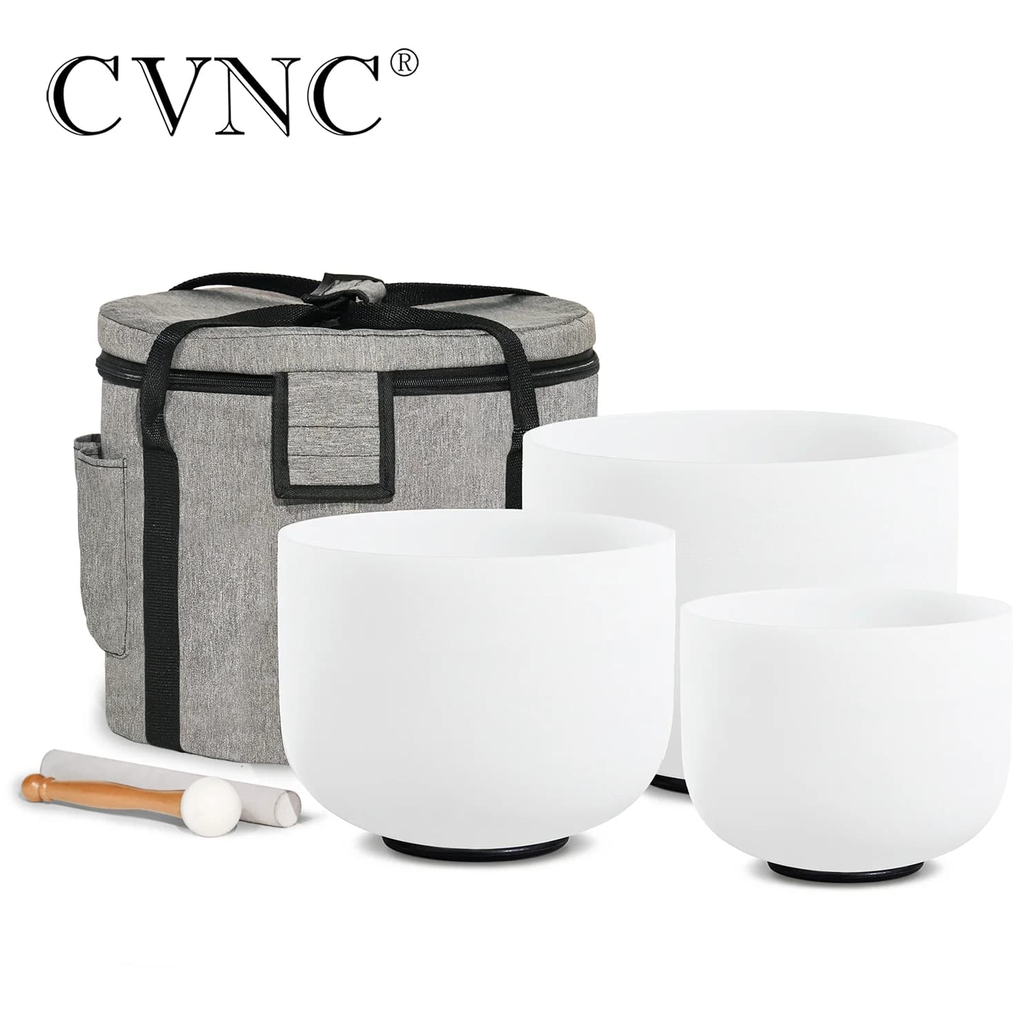 CVNC Set of 3 PCS 440HZ 6" A Note 8" F Note and 10" C Note Frosted Chakra Quartz Crystal Singing Bowl with Carry Case
