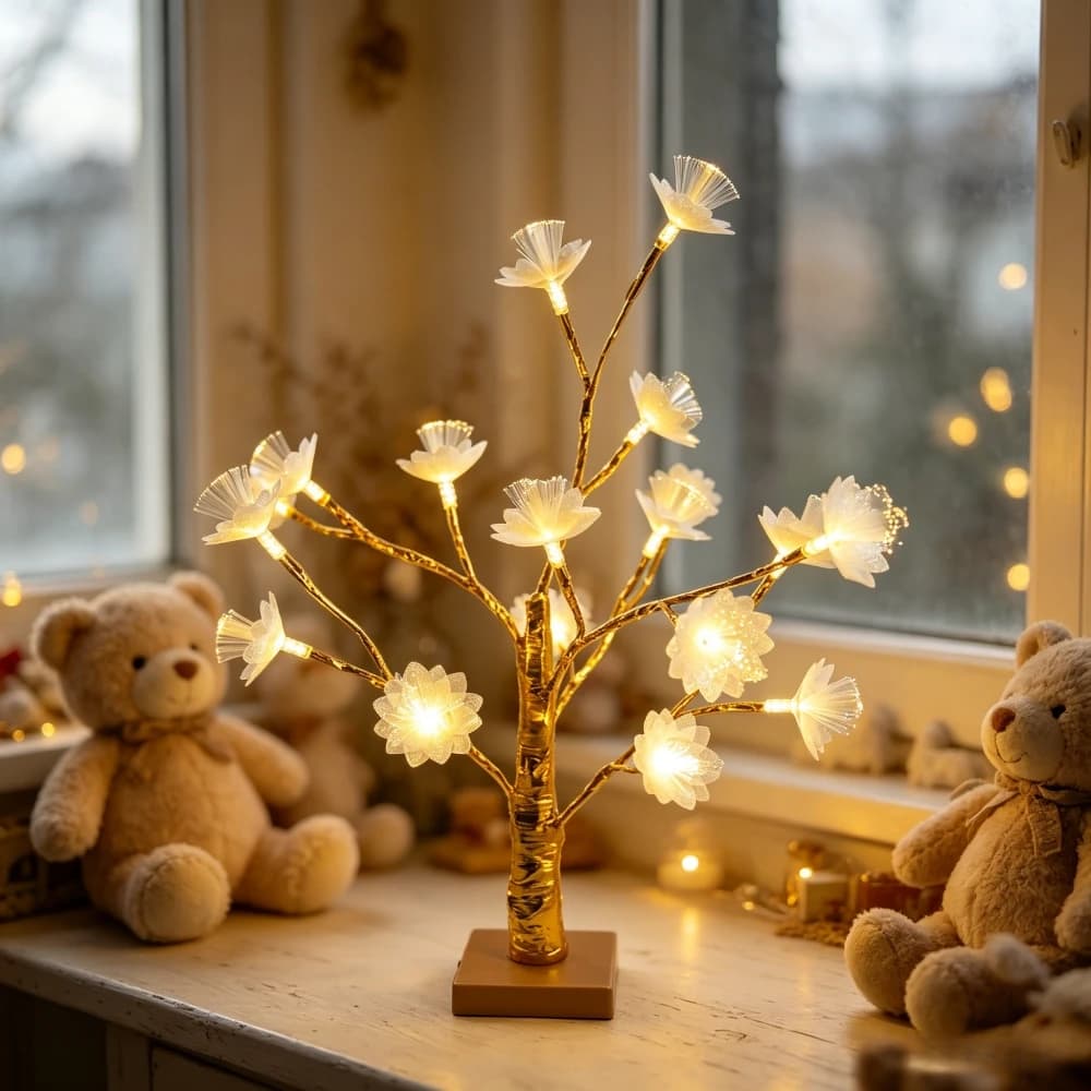Double Layer Fiber Optic Flower Bonsai Tree LED Table Lamp, Battery Powered Desktop Light for Bedroom Desk Table Wedding Decor