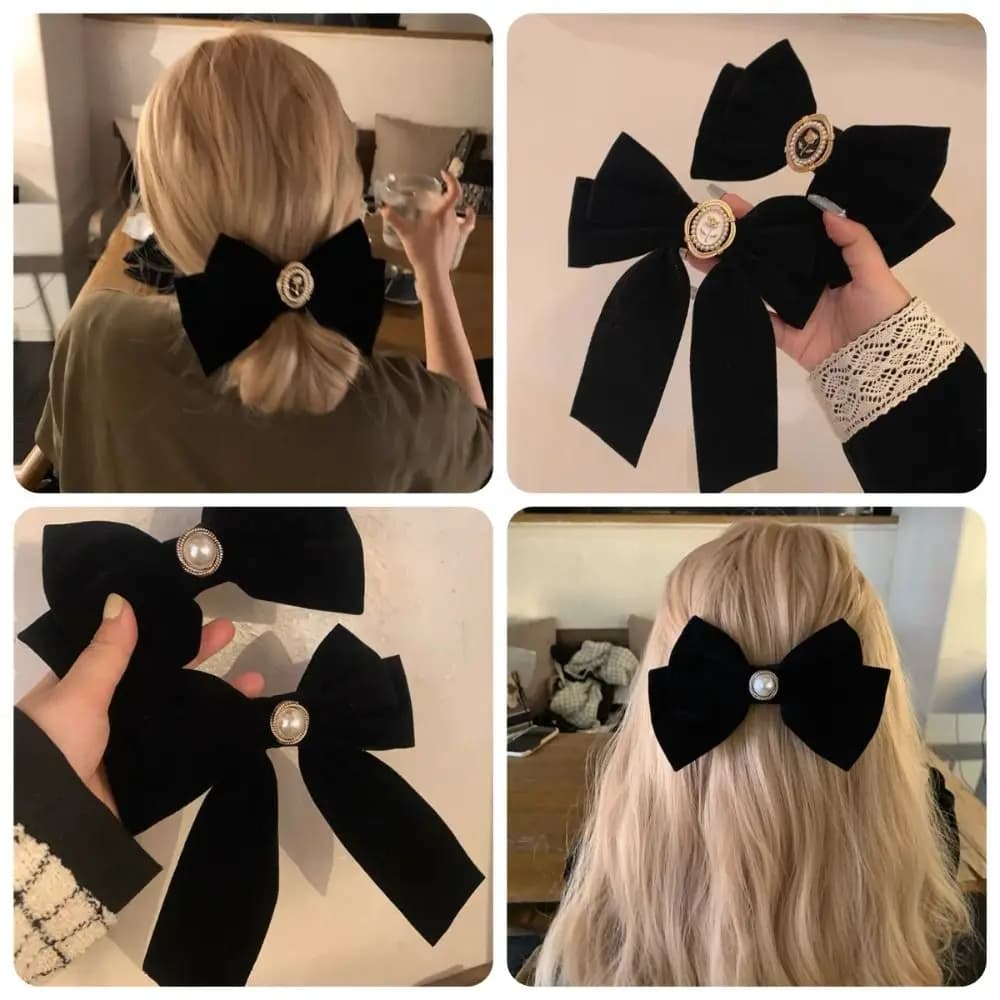 French Black Velvet Bow Hair Clip Retro French Bow Tie Spring Clip Camellia Festival Gift Women Barrette High End Headdress