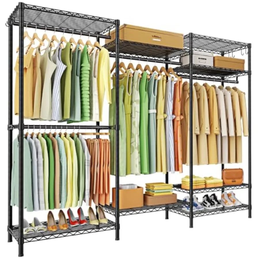 Appendiabiti Robusto con 4 Aste e 8 Ripiani, Stand Appendiabiti Autoportante per Vestiti, Organizzatore Armadio Regolabile