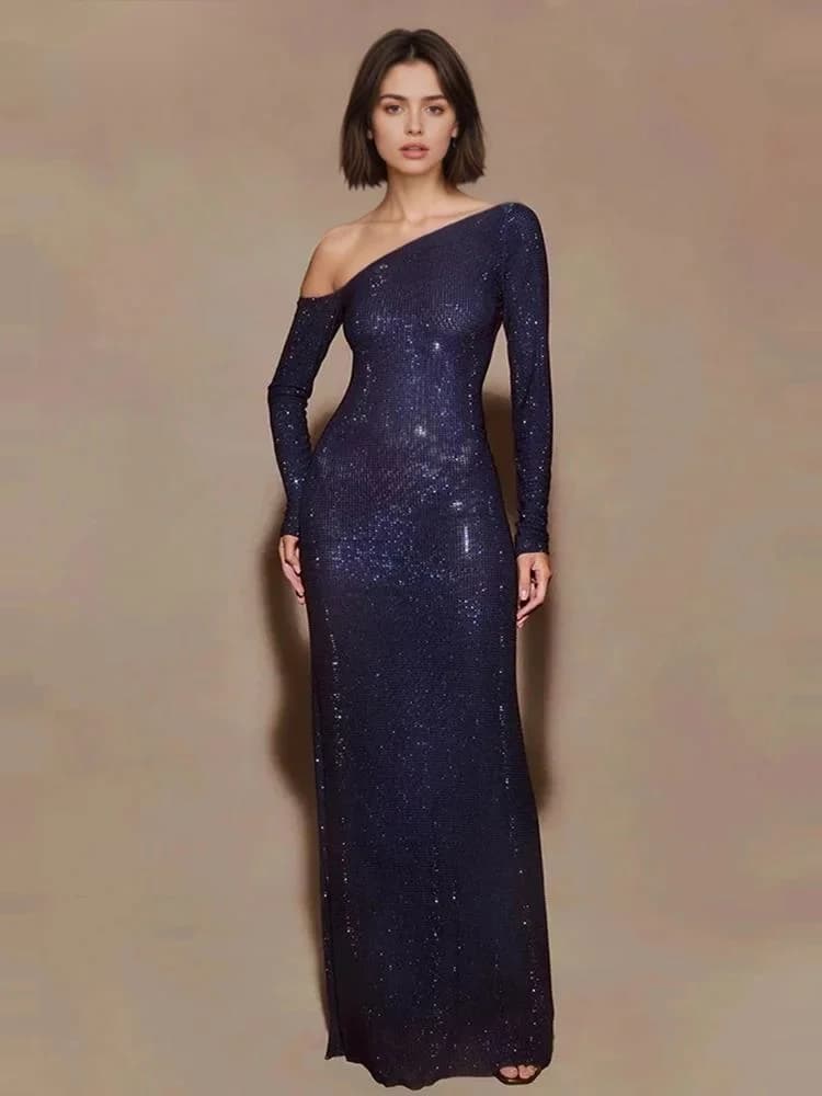 Abito da banchetto alla moda con diamanti scintillanti blu intenso, abito da donna con colletto diagonale, maniche lunghe, lunghezza alla caviglia, nuovo 7JKYR