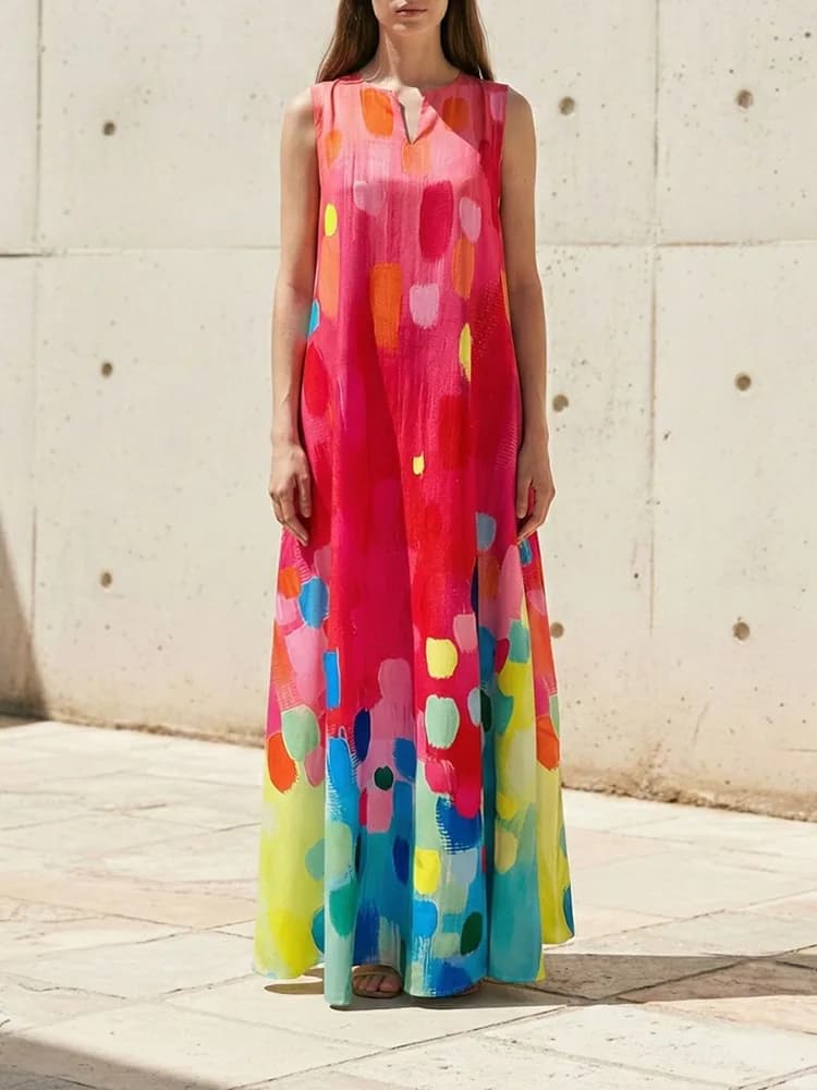 Women's Colorful Gradient Graffiti Print Sleeveless Notch V Neck Loose Fit Maxi Dress 2026 Summer Fashion Vacation Party Dresses