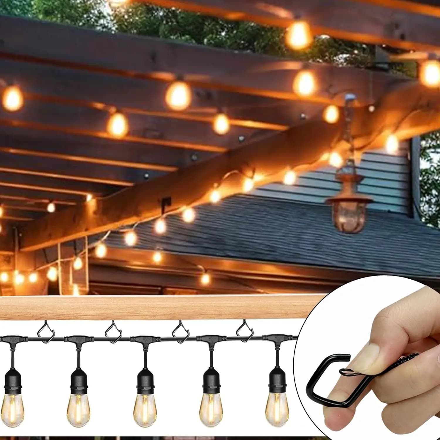 String Light Hanging Hooks Heavy Duty Screw-in Hooks with Safety Clip Weatherproof for Outdoor Patio Lights Planters Wind Chimes