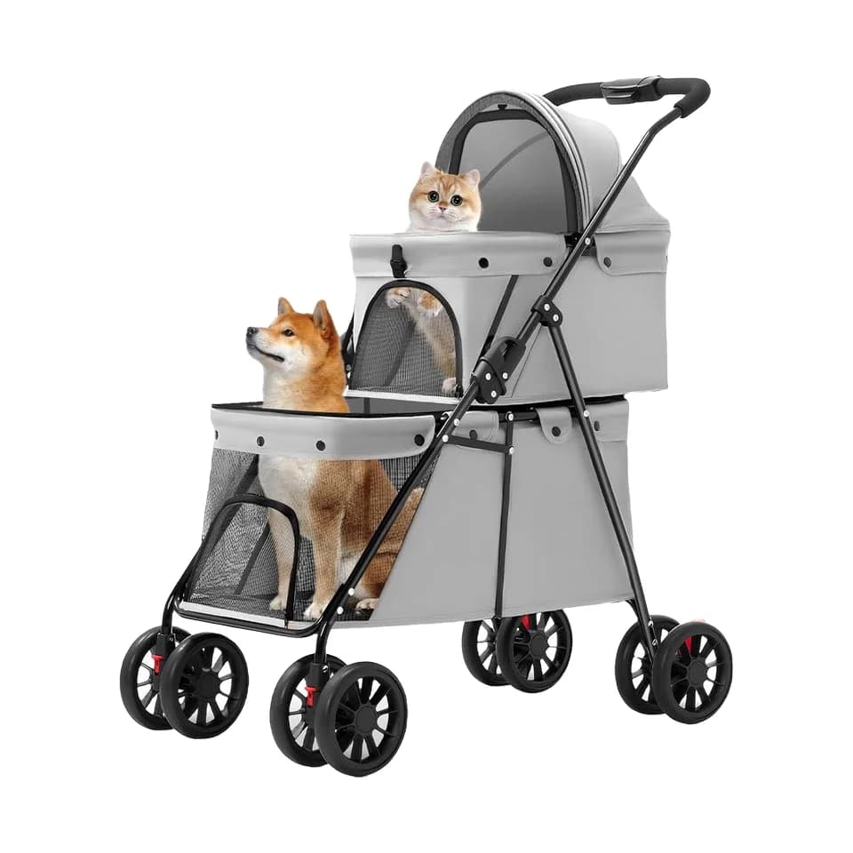 Passeggino Doppio Resistente per Cani/Gatti di Taglia Media e Piccola, Leggero con Ruote Universali e Freni, Pieghevole con Una Mano, Carrello da Viaggio