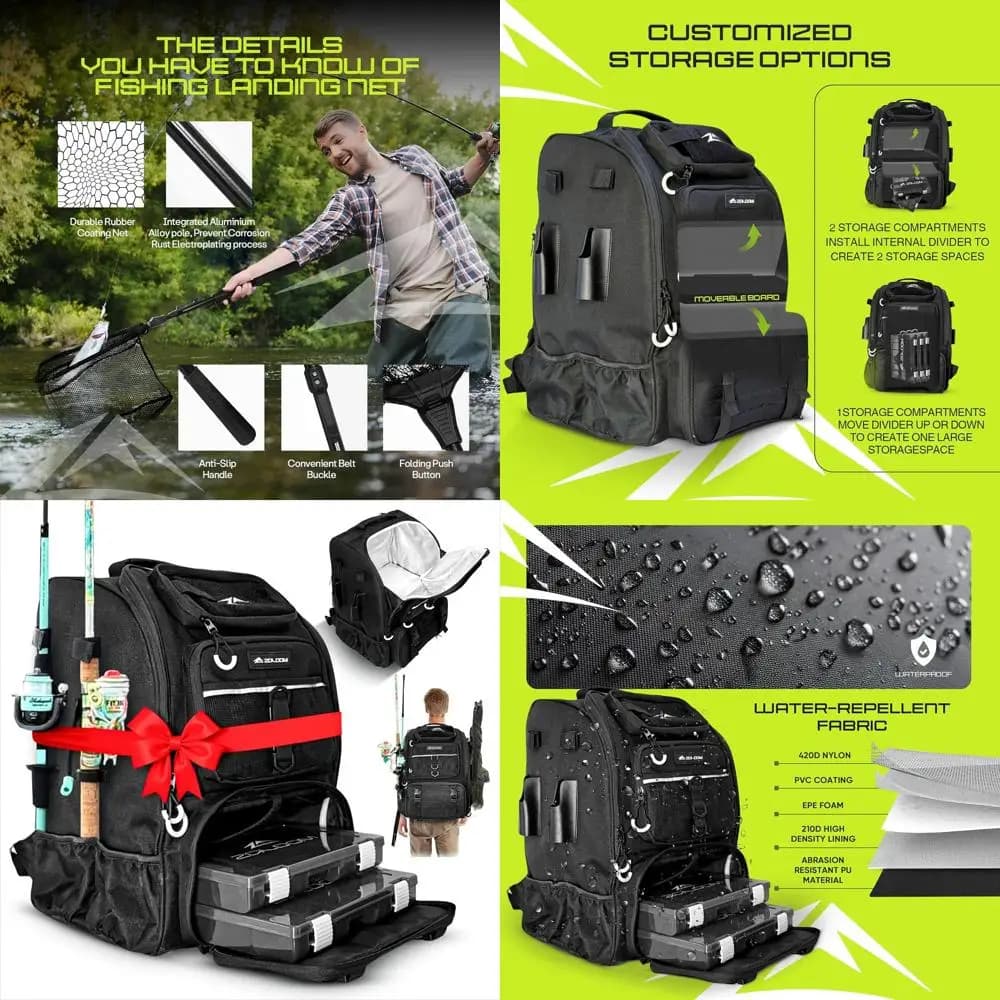 45L Fishing Backpack with Tool Box, Cane Door, Foldable Network and Rain Cover for Men