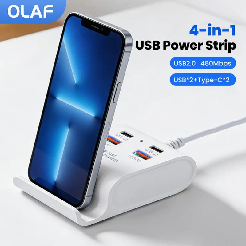 4-in-1 USB Power Strip With Phone Stand Charging Dock Station USB HUB Expansion 2USB 2Type C Bracket Socket Power Outlet Adapter