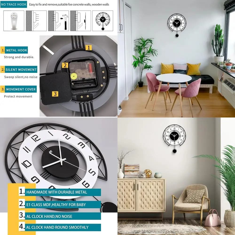 Orologio da Parete Moderno a Pendolo Silenzioso 14 Pollici, Movimento al Quarzo a Batteria per Arredamento Casa, Cucina, Camera da Letto e Bagno