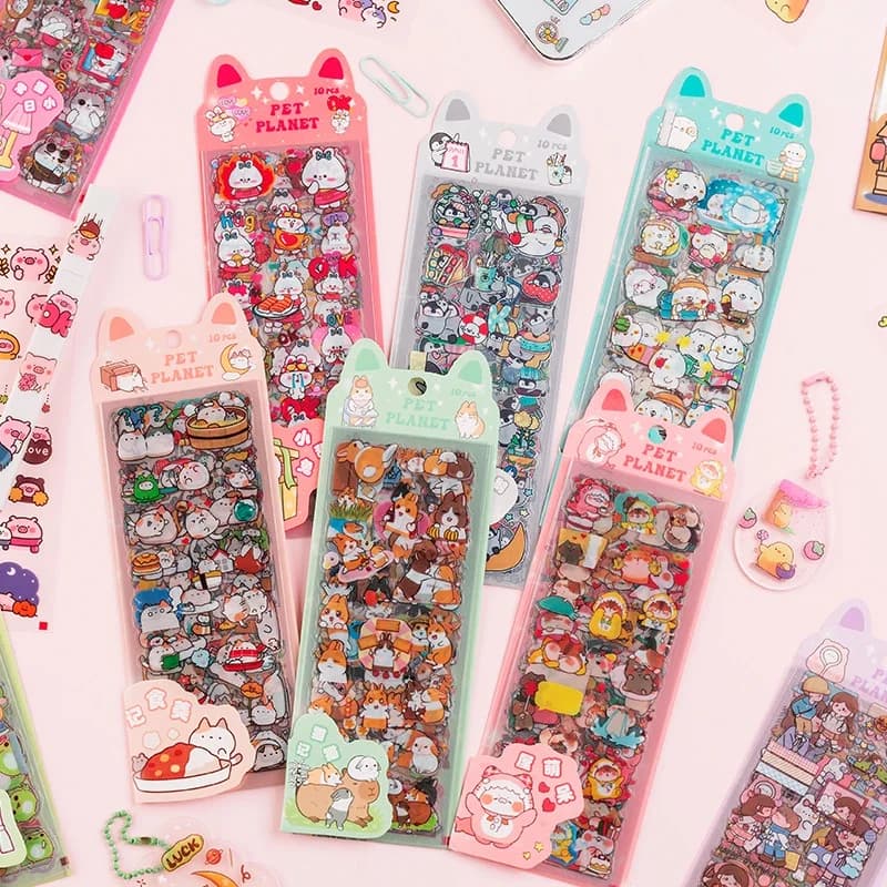 10Sheets Pet Planet Series Cartoon Transparent Waterproof PVC Ledger Material Stickers For Hand Account Pencil Case Decals