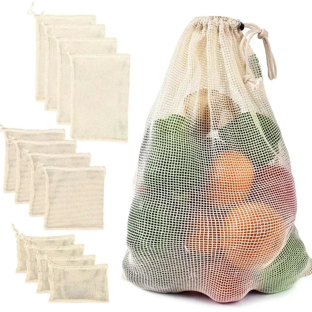 Borsa riutilizzabile in rete di cotone Borsa grande e leggera con coulisse Tasca ecologica per riporre frutta e verdura