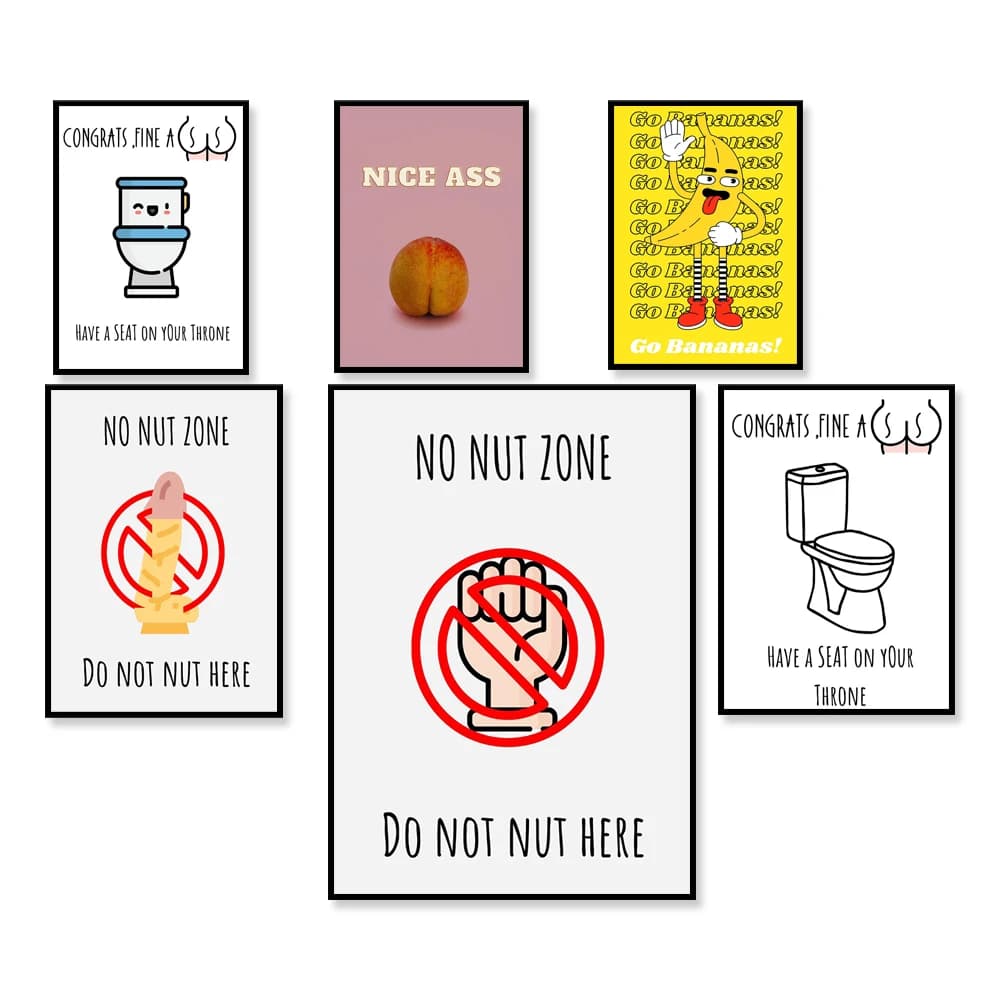 Arte divertente per il bagno, zona senza noci, non diventa pazzo qui, bellissima stampa con banane, poster stampabile per decorare le pareti del bagno