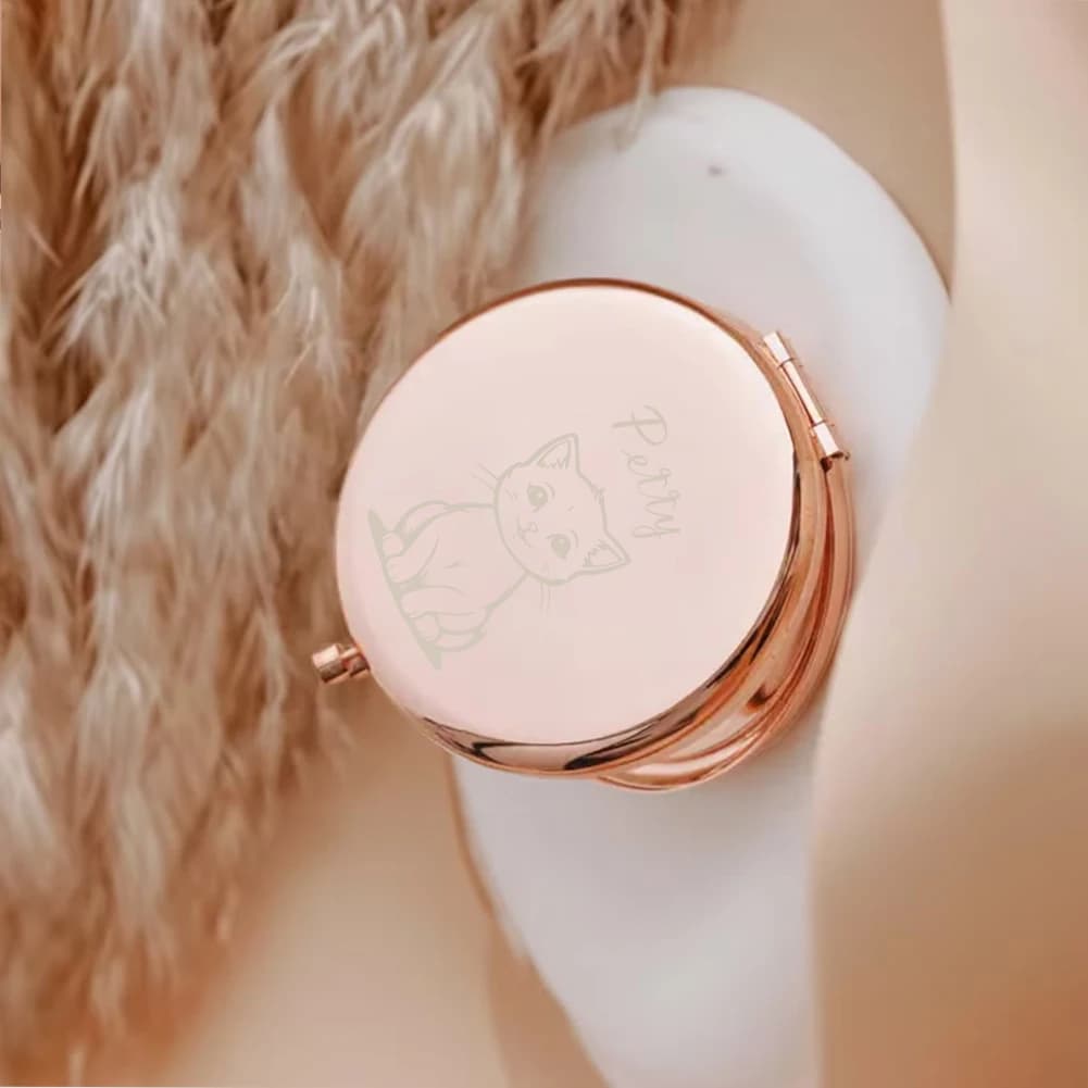 1 pezzo Specchietto da trucco personalizzabile con nome, a forma di gatto addormentato, pieghevole, tascabile, rotondo, regalo di compleanno
