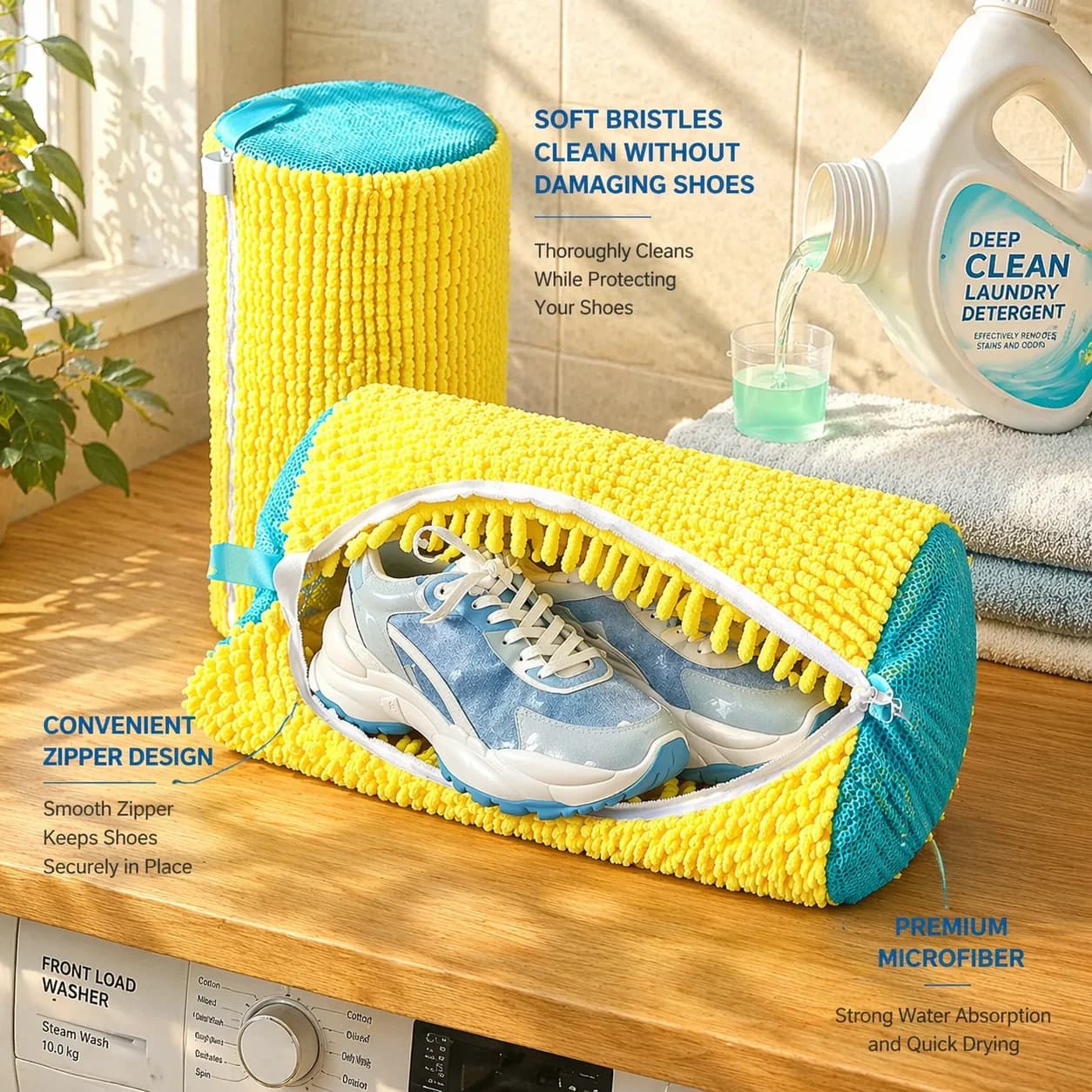 Set di 1/2/4 Sacchetti per Lavaggio Scarpe con Liquido e Spazzola, Sacchetto Resistente per Lavatrice e Spazzola Morbida per Tutte le Scarpe