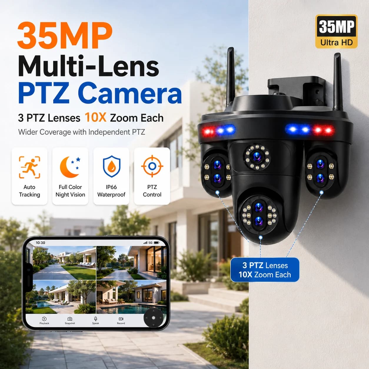 35MP Multi-Lens PTZ IP Camera with Red&Blue Warning Light Waterproof 3 Independent Lens 10X Zoom Auto Track WiFi Security Camera