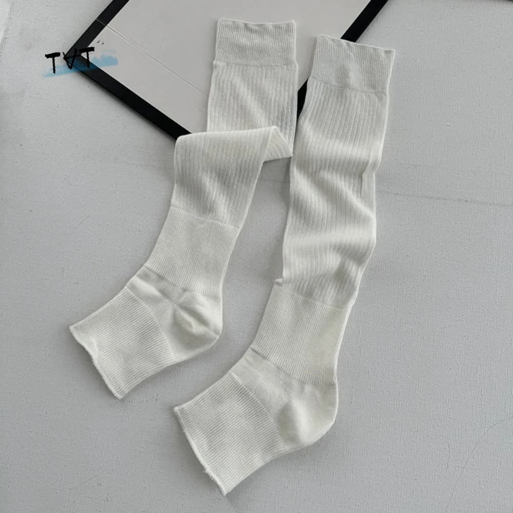 Fashion Lolita JK Calf Socks Solid Color Open Toe Knee High Socks Ultra-Thin Cotton Mid-tube Stocking Summer