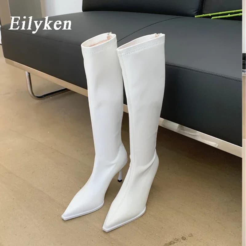 Eilyken Inverno Sexy Punta a punta Tacchi alti Stivali alti al ginocchio Donna Tessuto elastico Moderno Lungo Botas Largas De Mujer