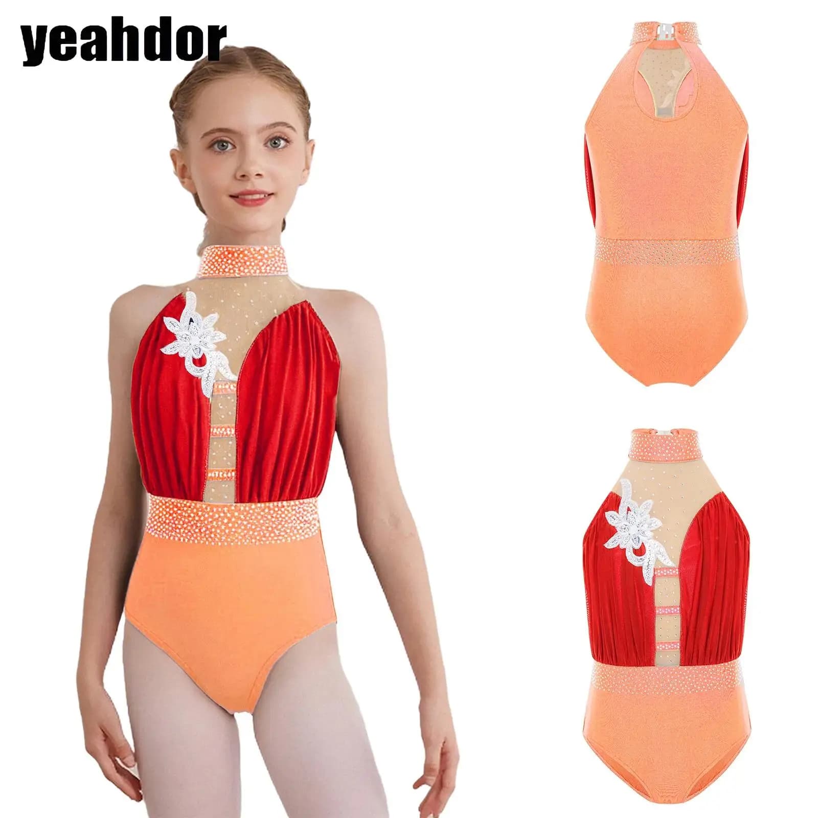 Kid Girls Applique Balletto Ginnastica Danza Body senza maniche Sheer Mesh Patchwork Strass Tuta Pattinaggio di figura Dancewear