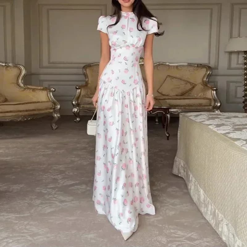 Nuovo Abito Estivo con Stampa Floreale, Colletto Alto, Vita Alta, Bottoni, Spacco, Maniche Corte, Elegante Vestito da Vacanza per Signora