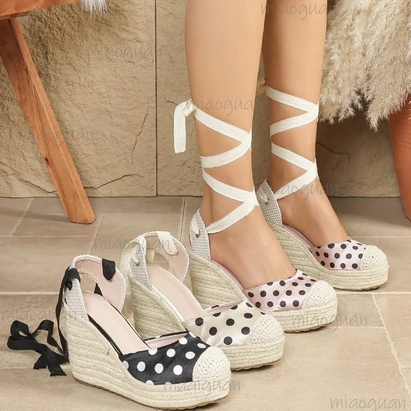 Nuovi Sandali Donna Primavera Estate 2026 con Zeppa a Pois, Espadrillas Intrecciate in Canapa, Scarpe con Plateau e Nastro alla Caviglia, Sandali da Spiaggia da Donna