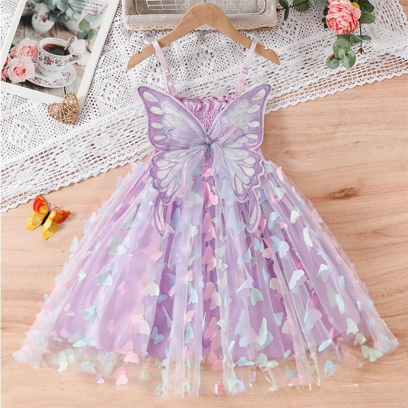2024 Ragazze Viola Abito a Farfalla Estate Bambini Abito in Maglia Colorata Bambino Sling Ali Abito da Principessa per Il Compleanno 3-8T