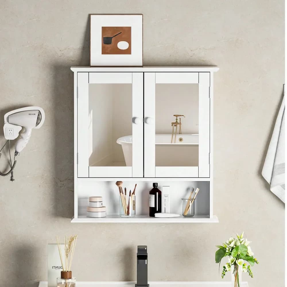 Armadietto a doppia anta con specchio da parete per bagno, armadietto porta medicinali in legno con ante e ripiani, armadietto sospeso, W