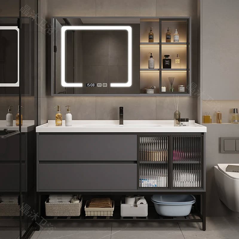 Mobile Bagno Moderno Semplice con Lavabo Integrato in Ceramica, Combinazione Mobile Lavabo e Mobiletto a Terra, Set Lavabo e Mobile WC