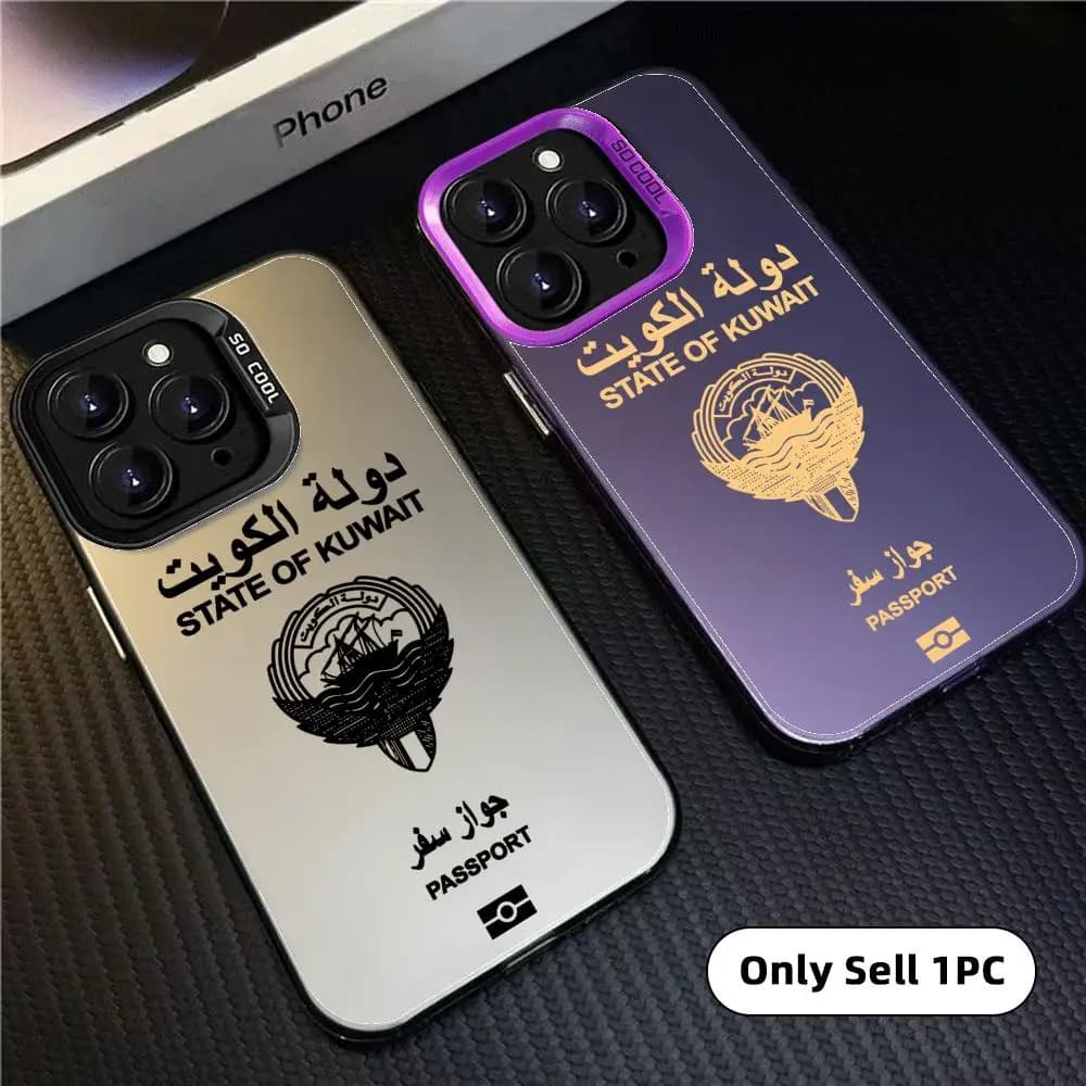 Custodia per telefono con design passaporto Kuwait per iPhone 17 16 15 14 13 12 11 Pro Max, Aurora Opaca Laser Antiurto Bumper Fundas