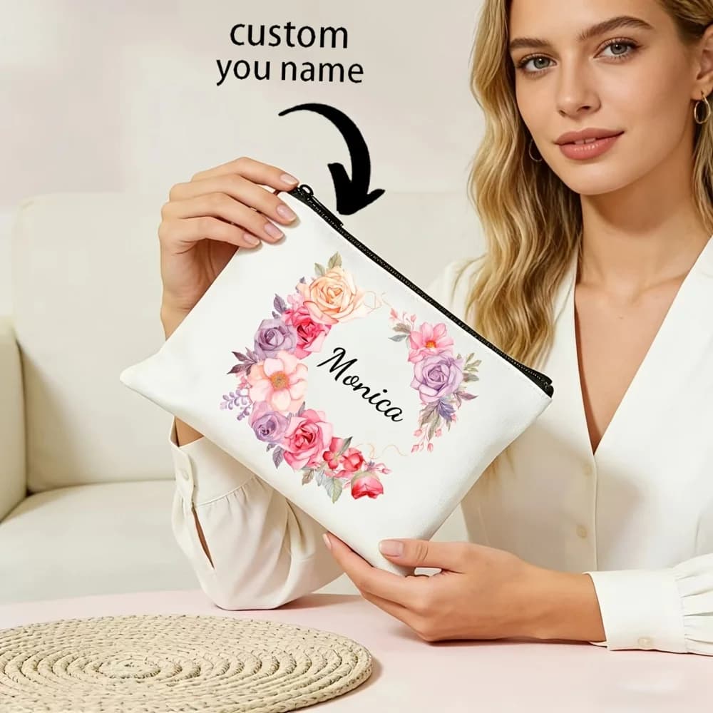 Personalized Custom Name Makeup Pouch Watercolor Floral Wreath Canvas Cosmetic Bag Zipper Travel Storage Pouch Gift for Women