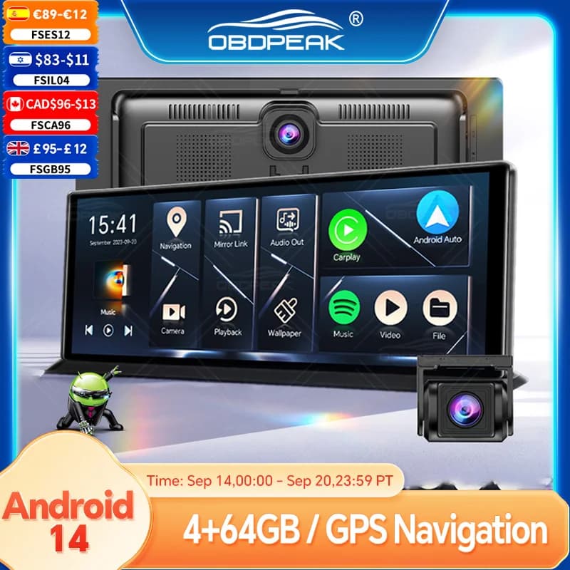 K60 Pro DVR Retrovisore Android 14 DashCam Wireless CarPlay Android Auto Doppia Lente Registratore Video 1080P Navigazione GPS WIFI Retromarcia