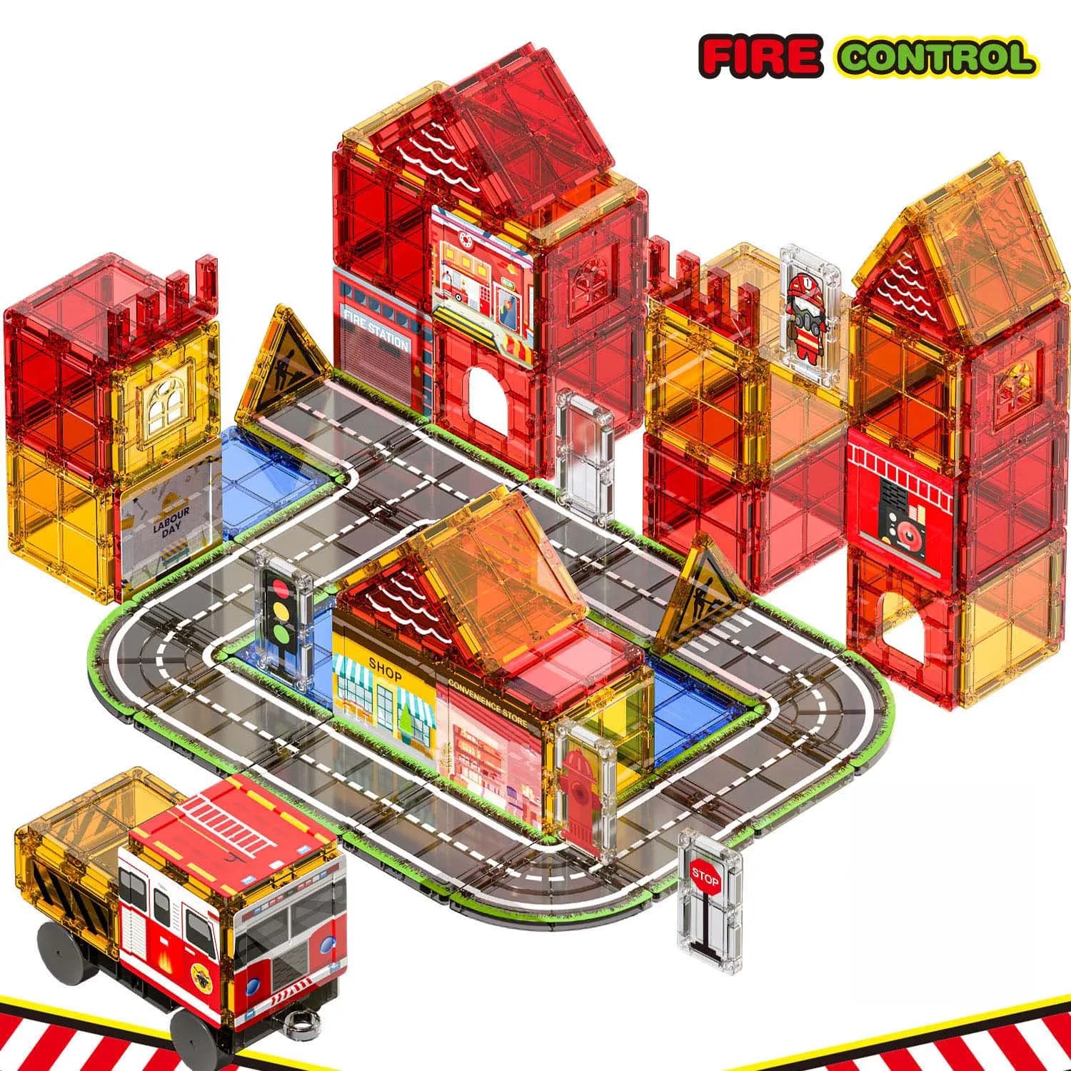 Magnetic Building Blocks Firefighting Theme Magnet Tiles with Fire Truck & Station Kids Montessori STEM Educational Sensory Toys