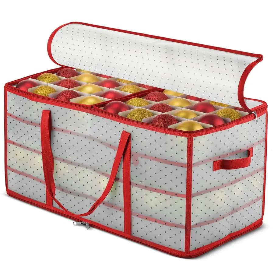 Christmas decoration box, contains 128 ornaments, with zipper on 2 sides, flexible plastic containers for Christmas decorations, 3 inches