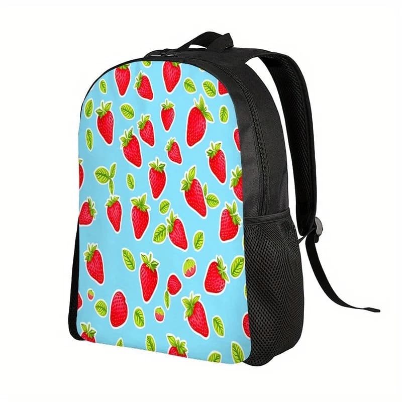 1 backpack with 2D flat print, strawberry season, light backpack, background with strawberry pattern, adjustable shoulder straps