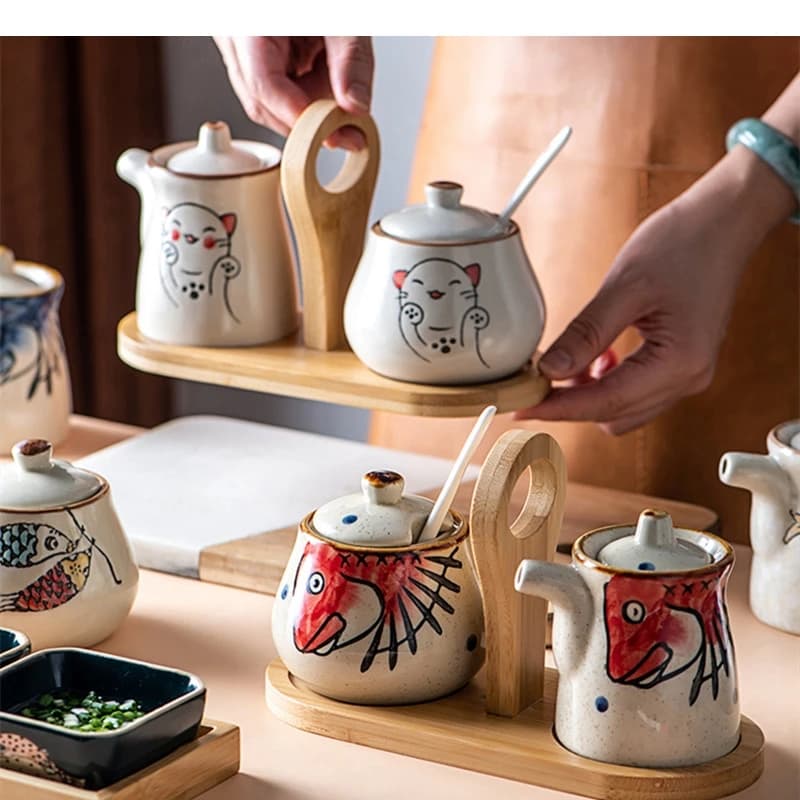Set di barattoli per condimenti in ceramica dipinta a mano, salsa di soia, sale da cucina, zucchero, pepe, condimenti per la casa, spezie