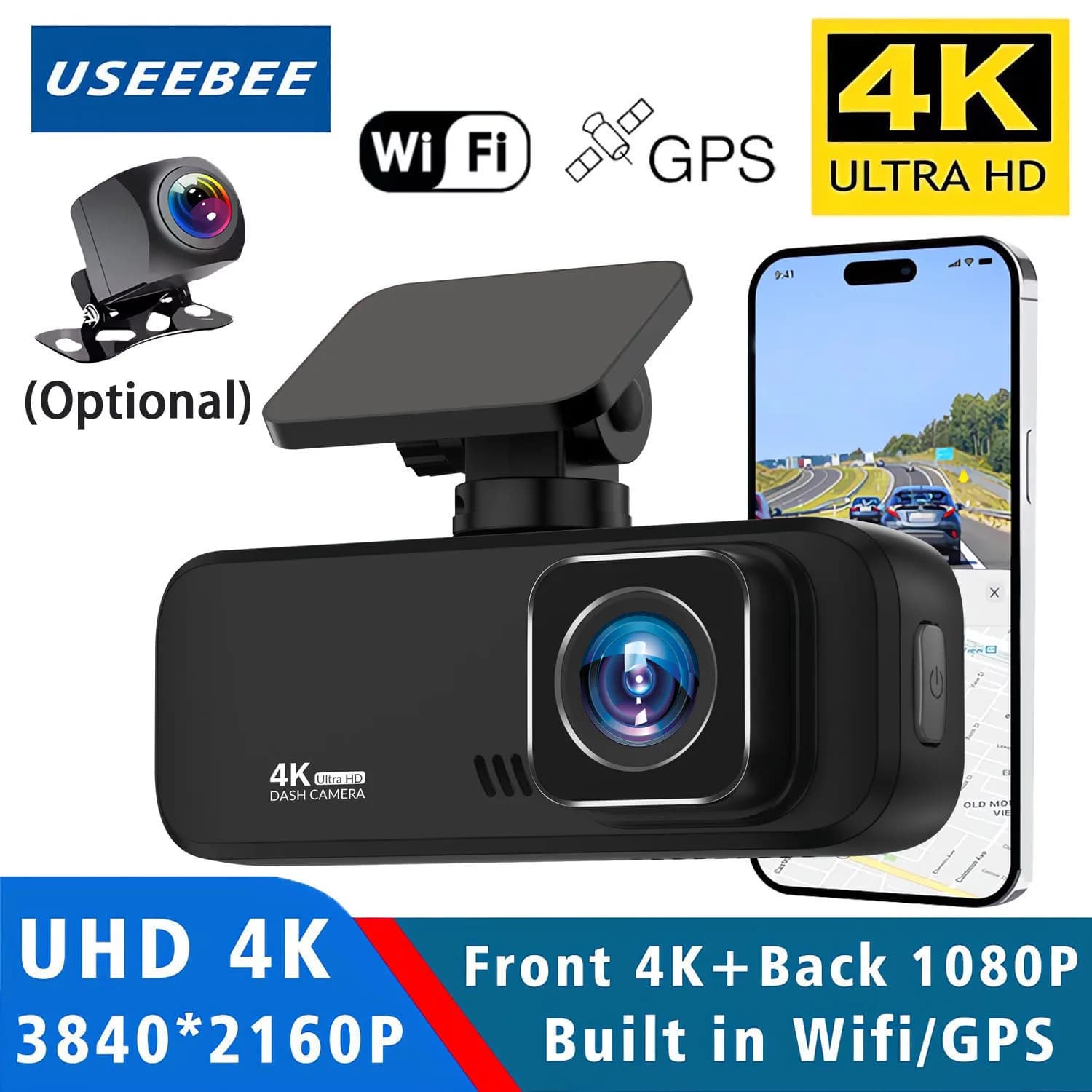 Dash Cam 4K a doppia lente con registrazione posteriore 1080P Mini Dashcam WiFi GPS 24H Parcheggio WDR Visione notturna Videocamera per auto Videoregistratore