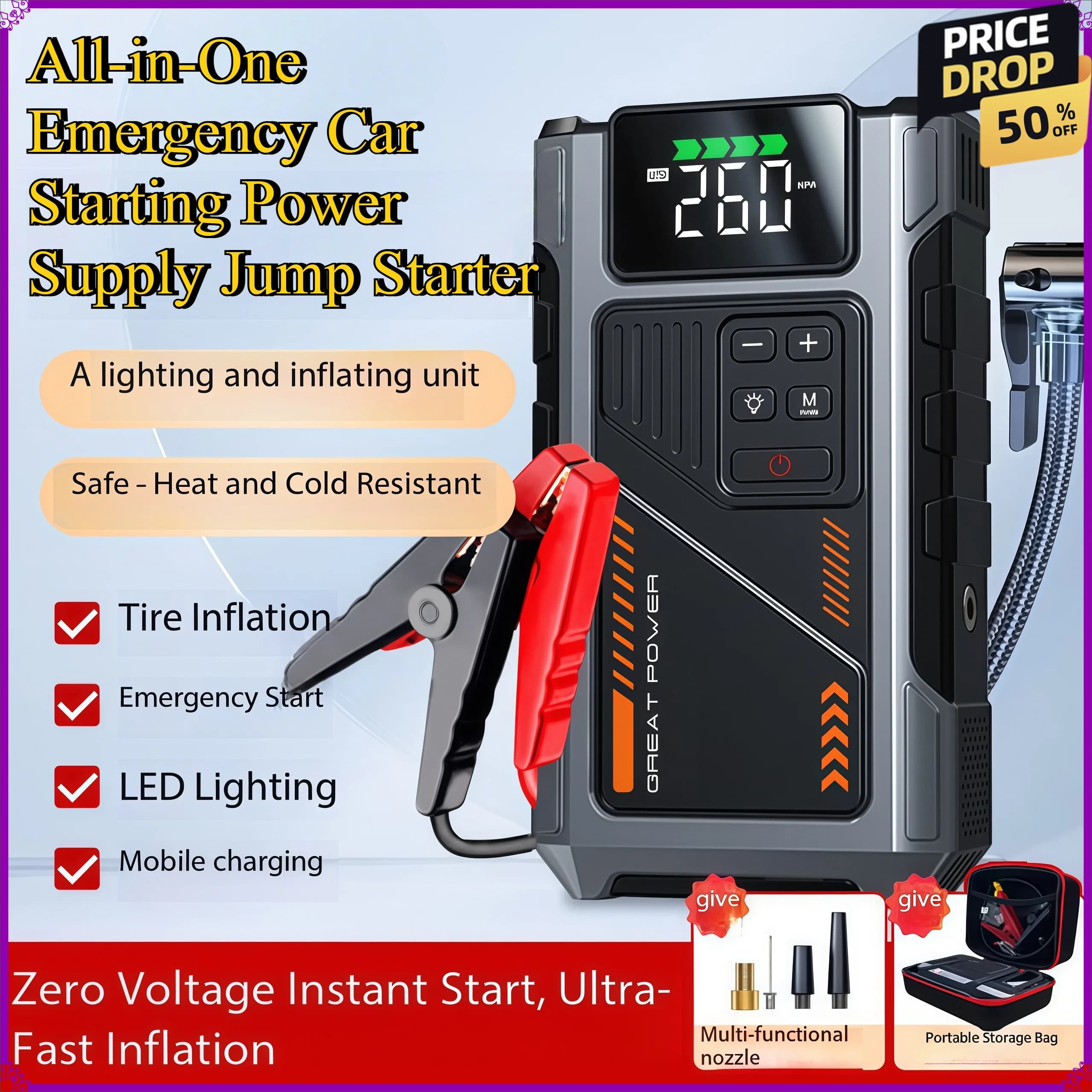 Avviatore d'emergenza portatile all-in-one con compressore d'aria da 12V ad alta pressione per un avviamento potente