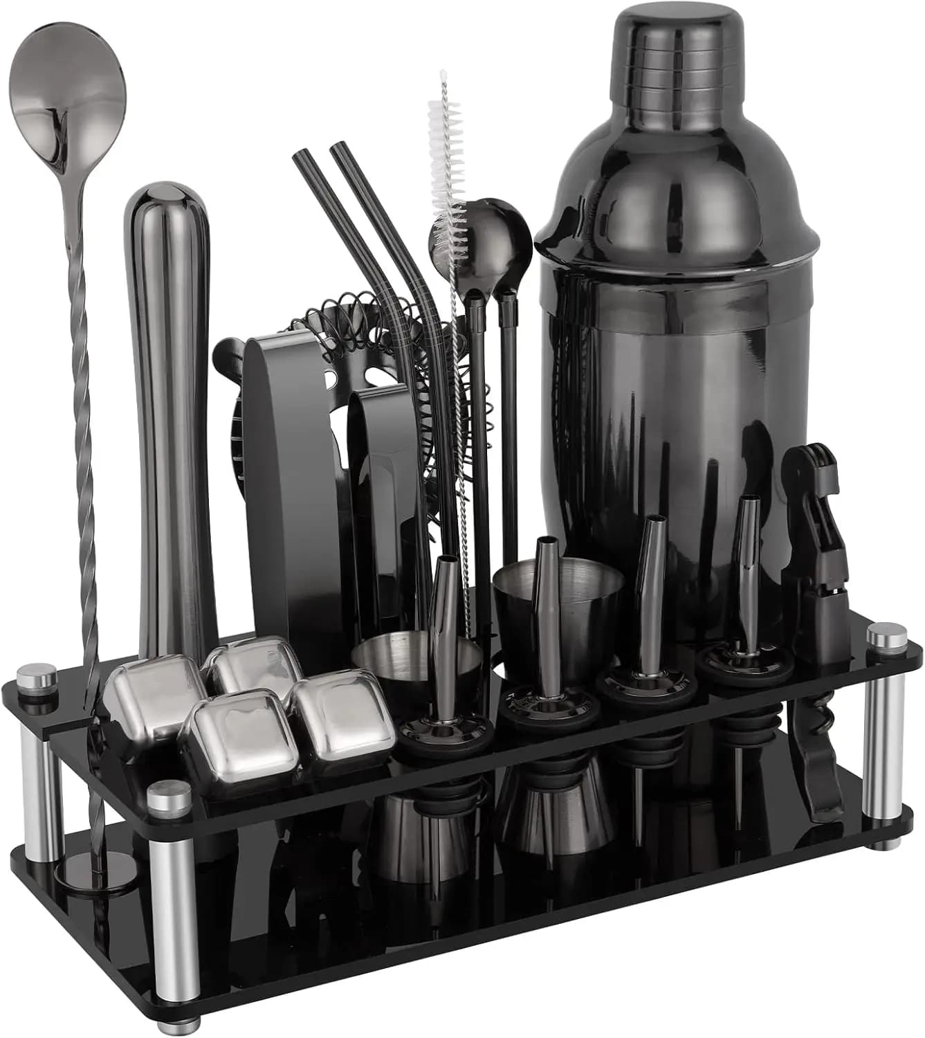 Set da Cocktail 23 Pezzi con Supporto in Acrilico e Libretto di Ricette, Kit Professionale per Barman, Strumenti per Miscelare Bevande, Casa
