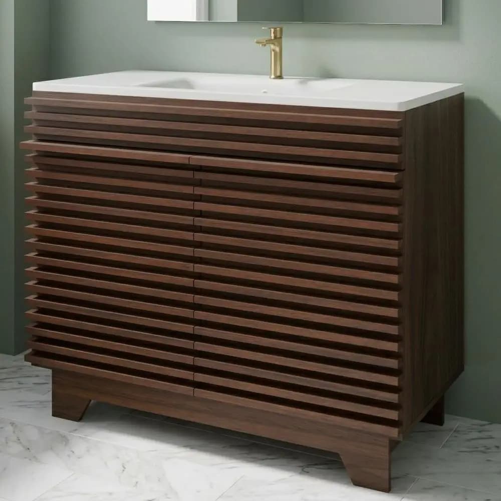 36 Modern Walnut Bathroom Vanity with Ceramic Sink, Storage Cabinet, Soft-Close Doors, Freestanding Design, Toilet Paper Holder,