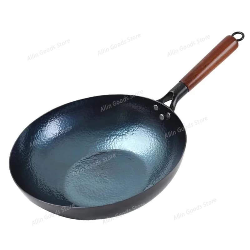30cm Iron Wok Pan,Chinese Traditional Hammered Iron Wok with Wooden Handle,2mm Thickness,Uncoated Kitchen Cookware,Frying Pan
