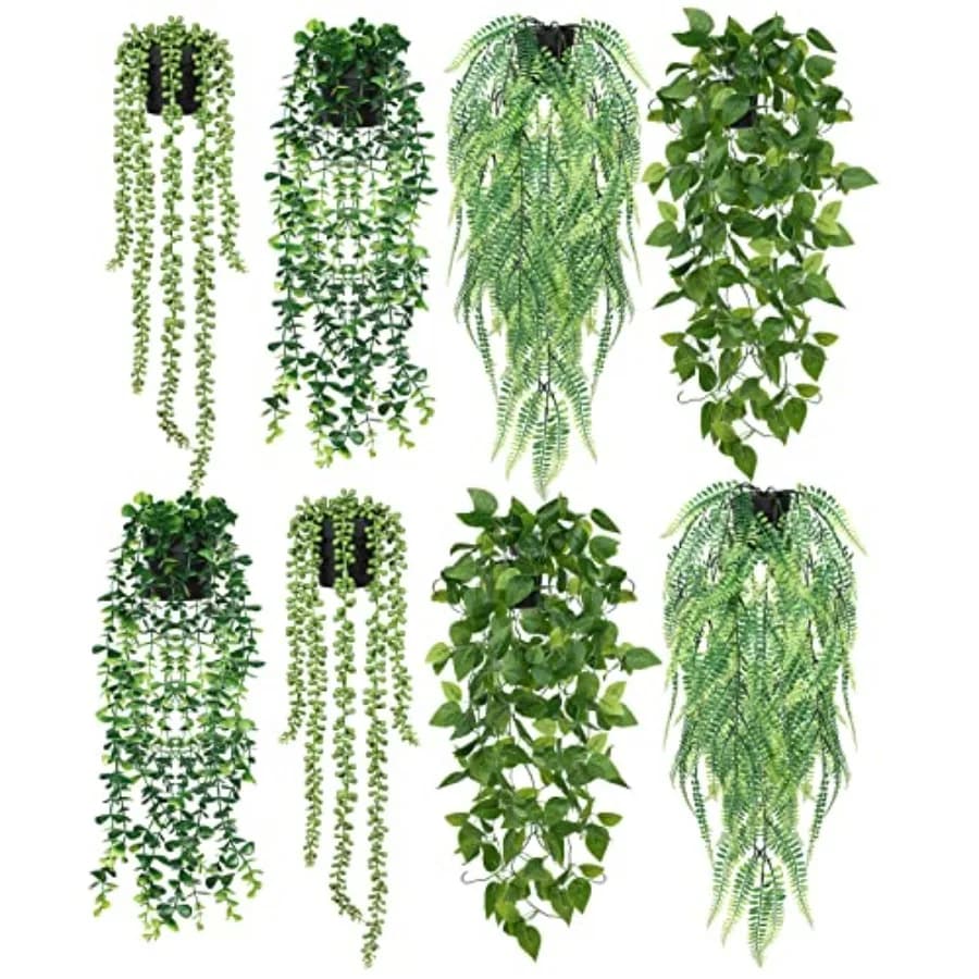 8 Pieces Artificial Plants Pendants in Vase, Finta Vegetation, Finto Eucalyptus, Mandala Garland, Pearl Garland, Plastic Felt for Shelves