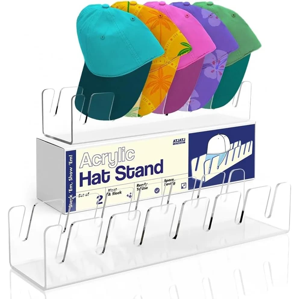 Clear Acrylic Hat Stand for Baseball Caps, 2 Pack No Install Cap Organizer Holds 14 Hats, Anti-Slip Storage Rack for Closet