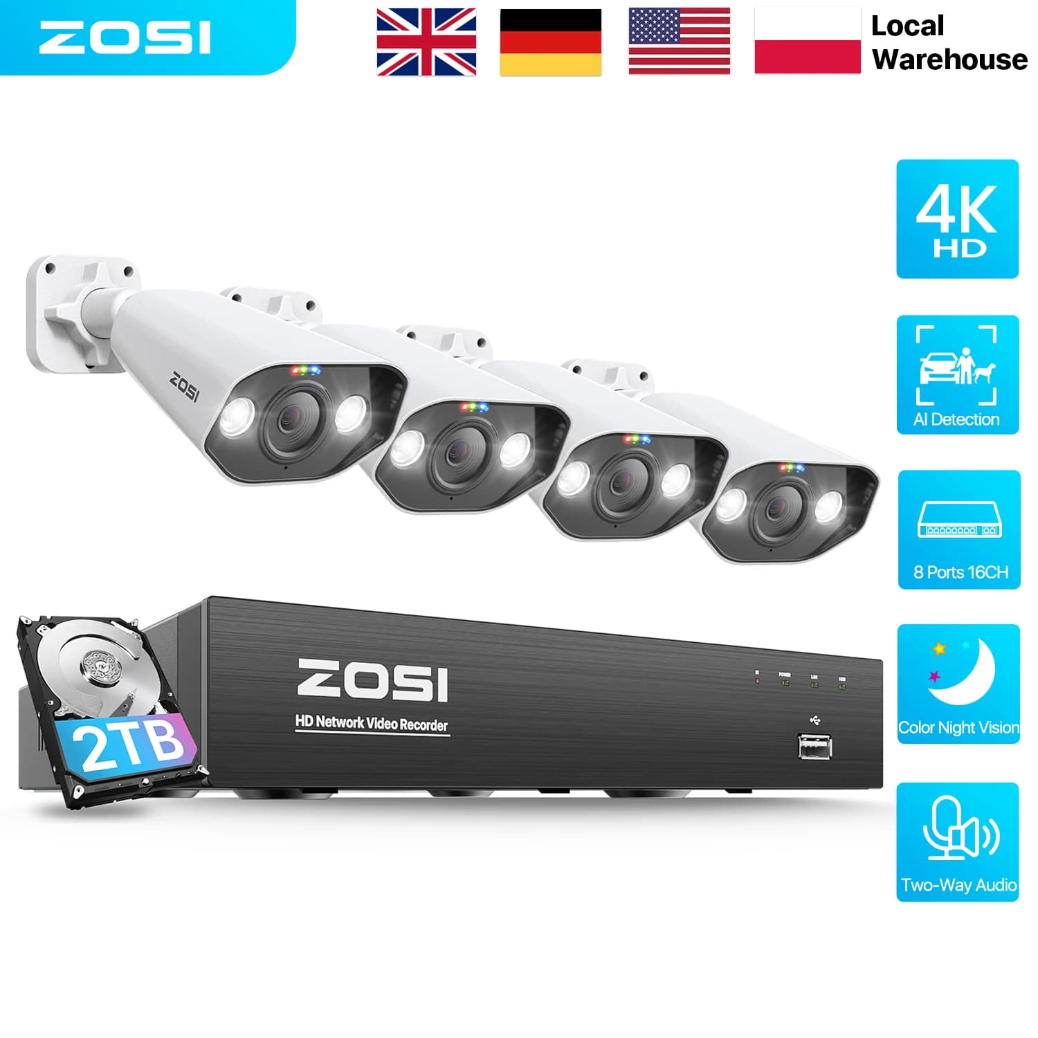 ZOSI 8MP/5MP PoE CCTV Sistema di telecamere di sicurezza 8 porte 16CH NVR AI Rilevazione Audio bidirezionale 4K/3K Video sorveglianza Telecamere IP Set