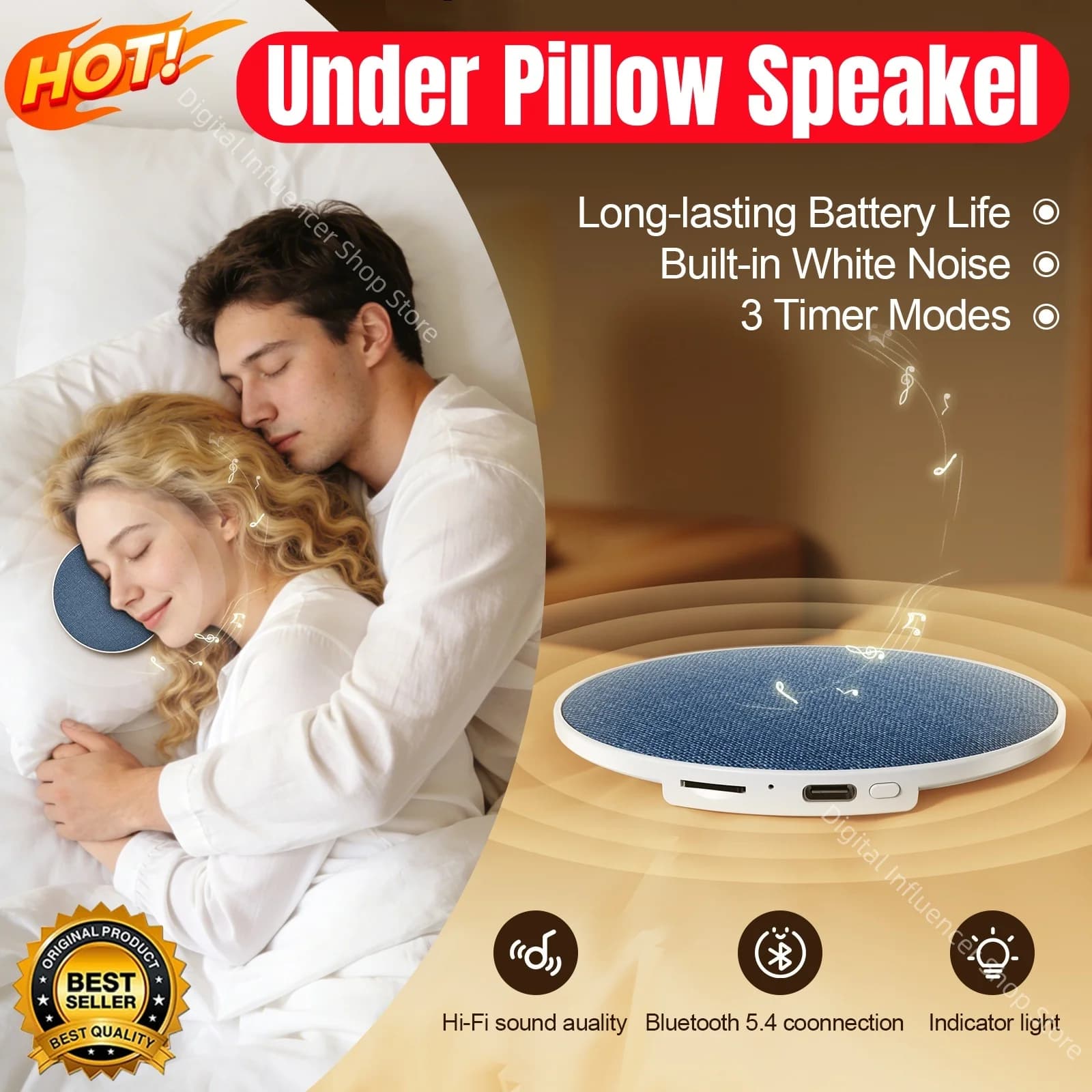 Mini Altoparlante Bluetooth 5.4 da Posizionare Sotto il Cuscino, Suono Hi-Fi Dinamico, Lettore Musicale Wireless, Dispositivo Ultrasonico per Aiuto al Sonno