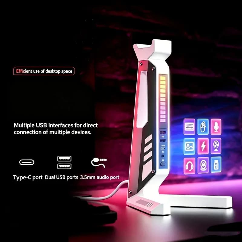 Supporto Universale per Cuffie con Luce RGB, Base USB Luminosa e Clip per Cavo, per Gaming Desktop